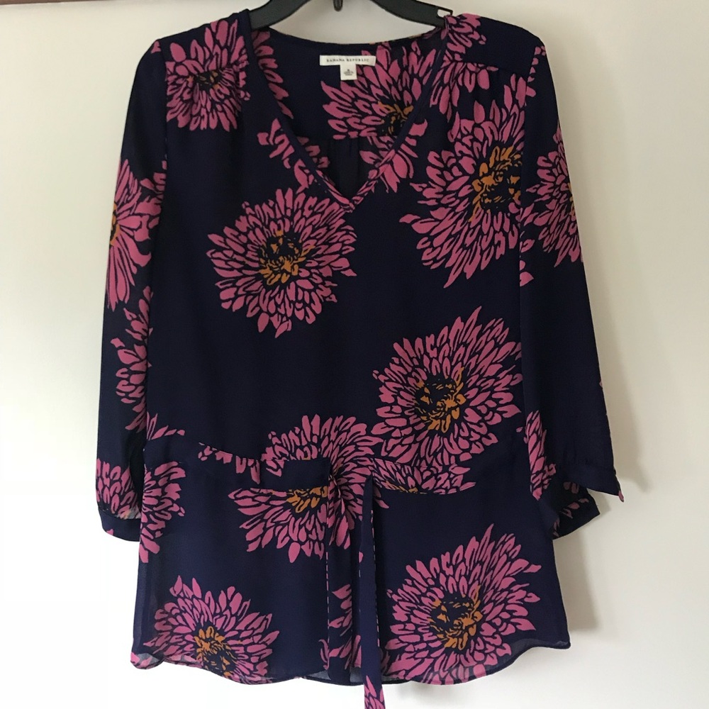 Floral V-Neck Blouse - Pink and Navy